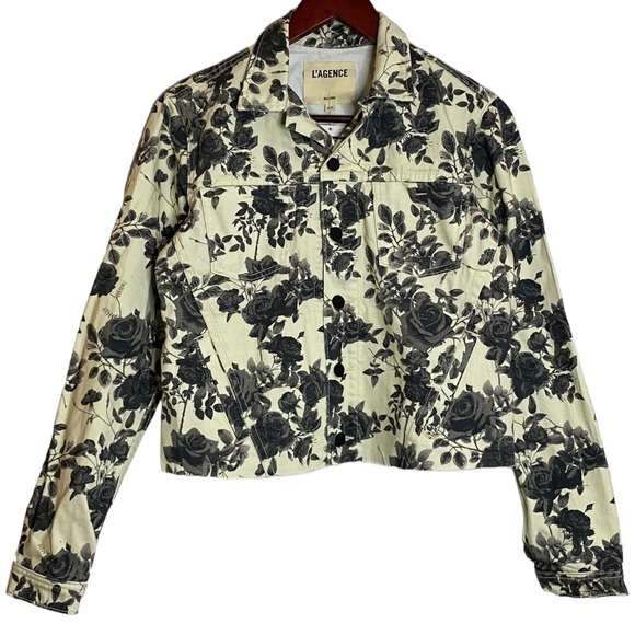 L'Agence Janice Black Rose Floral Print Cropped Denim Jean Trucker Jacket Small - Picture 1 of 16